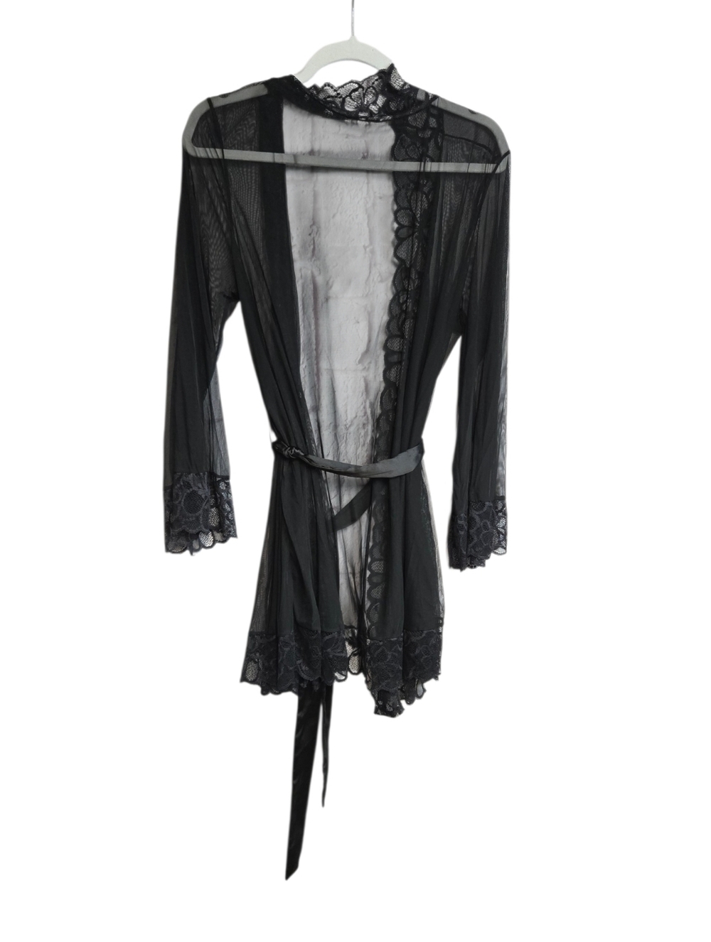Frederick’s Sheer Lace Robe 2X Black Belted Intimate Open Front Sultry Lingerie - Picture 6 of 7